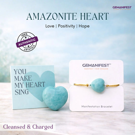 Amazonite heart-shaped stone and bracelet with 'GEMANIFEST' branding on a light background