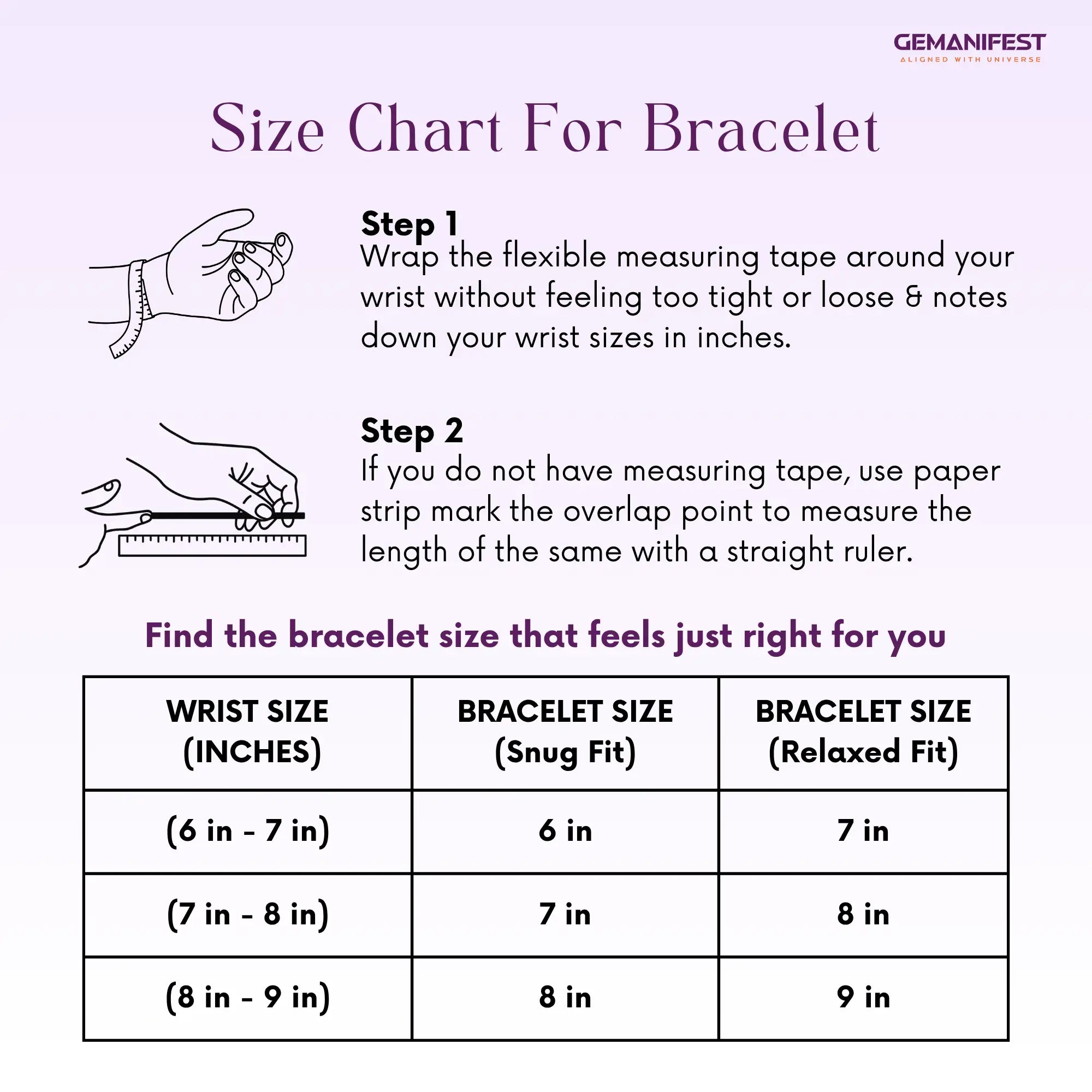 Size chart for Amethyst bracelet with measurement instructions and a GEMANIFEST logo.