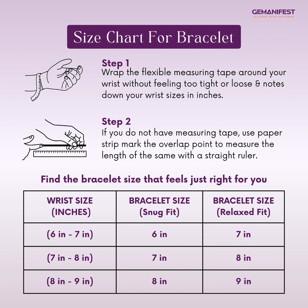 Size chart for Amethyst bracelet with measurement instructions and a GEMANIFEST logo.