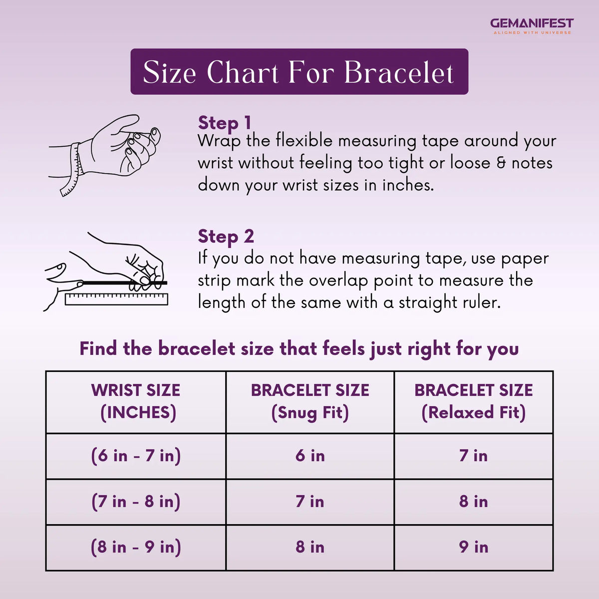 Size chart for Amethyst bracelet with measurement instructions and a GEMANIFEST logo.