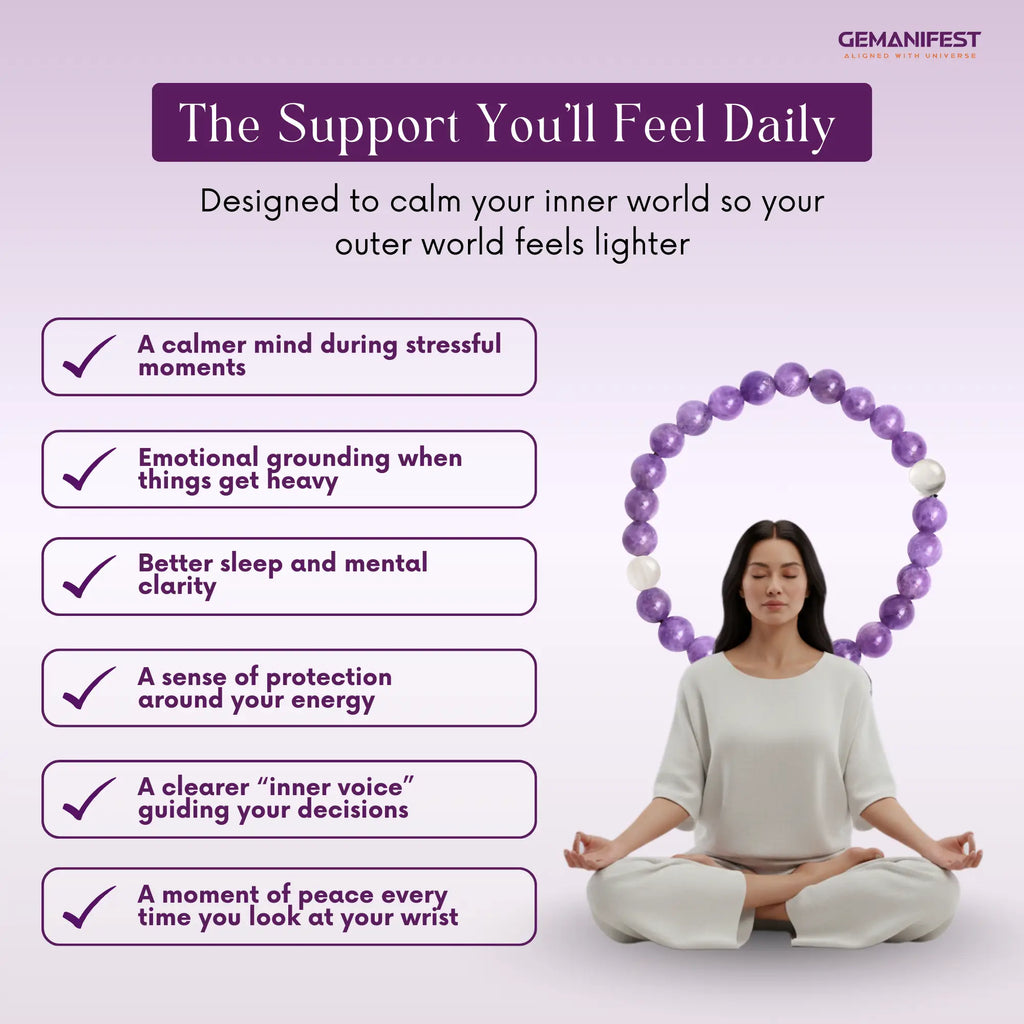 Woman meditating with a Amethyst bracelet and text about its benefits on a light purple background.