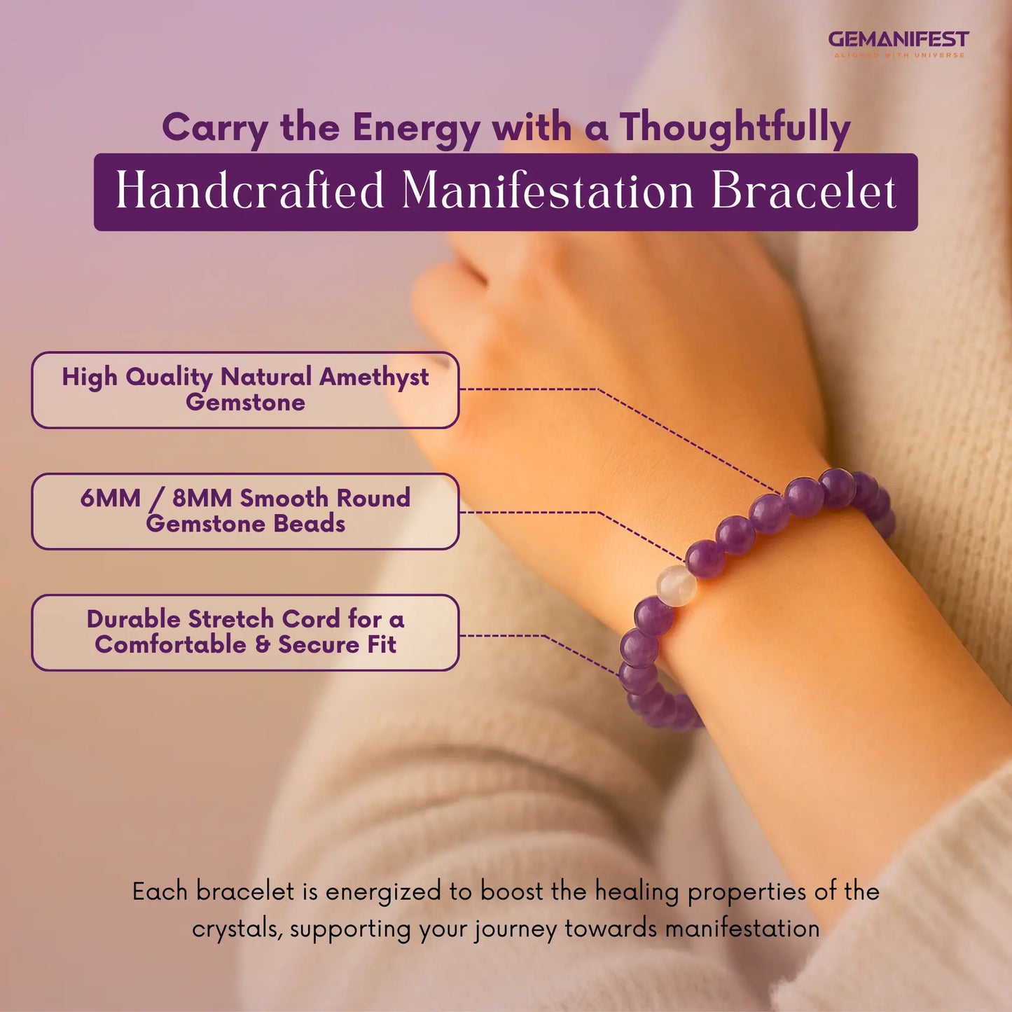 Amethyst bracelet worn on wrist with product features highlighted