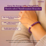 Amethyst bracelet worn on wrist with product features highlighted