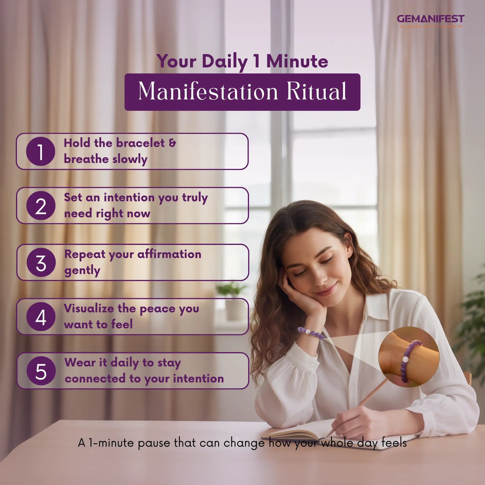 Woman practicing a daily 1-minute manifestation ritual with text overlay