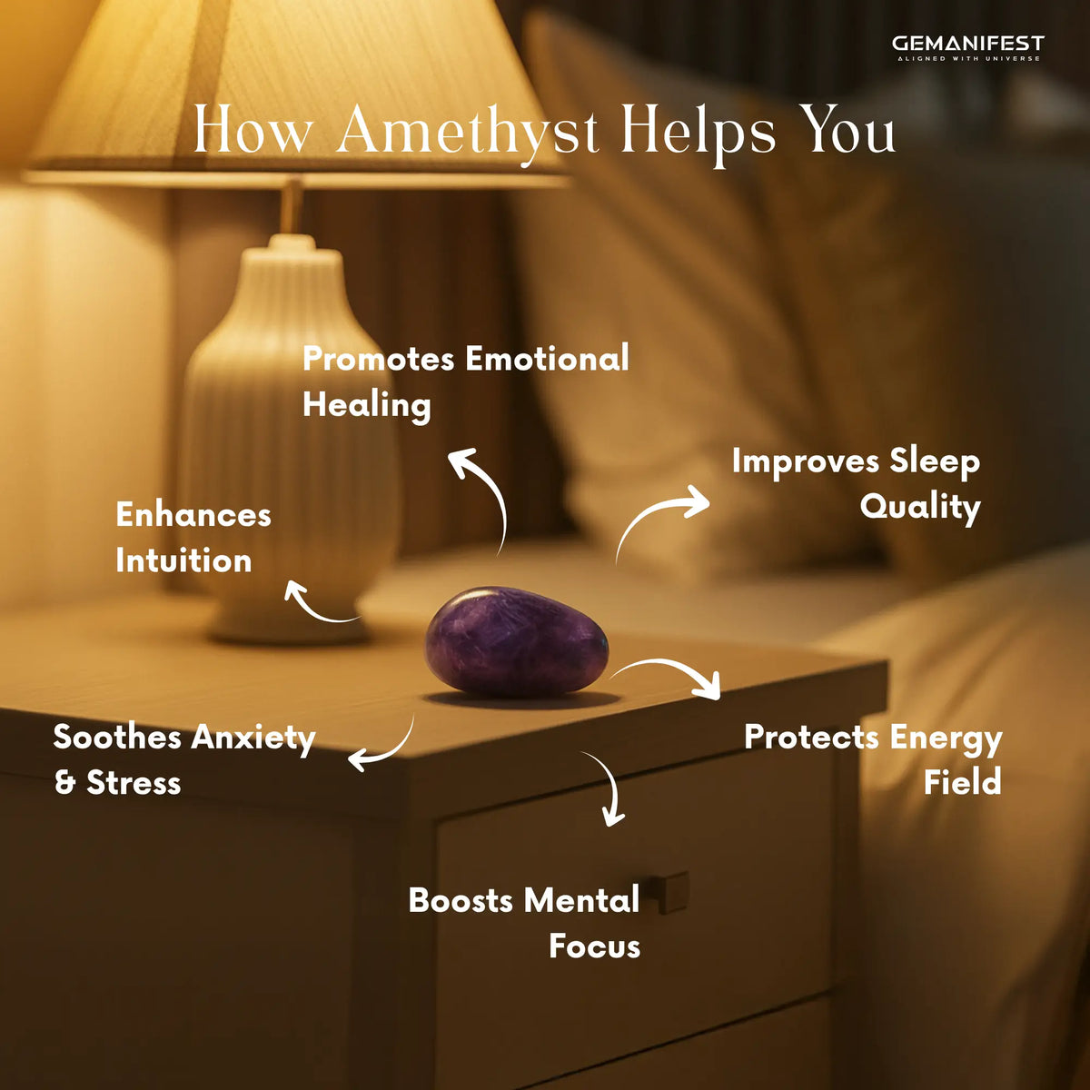 Amethyst Tumble on a nightstand with benefits listed, GEMANIFEST brand visible