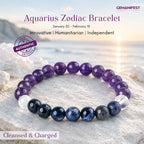 Aquarius bracelet with amethyst and sodalite beads on a beige background