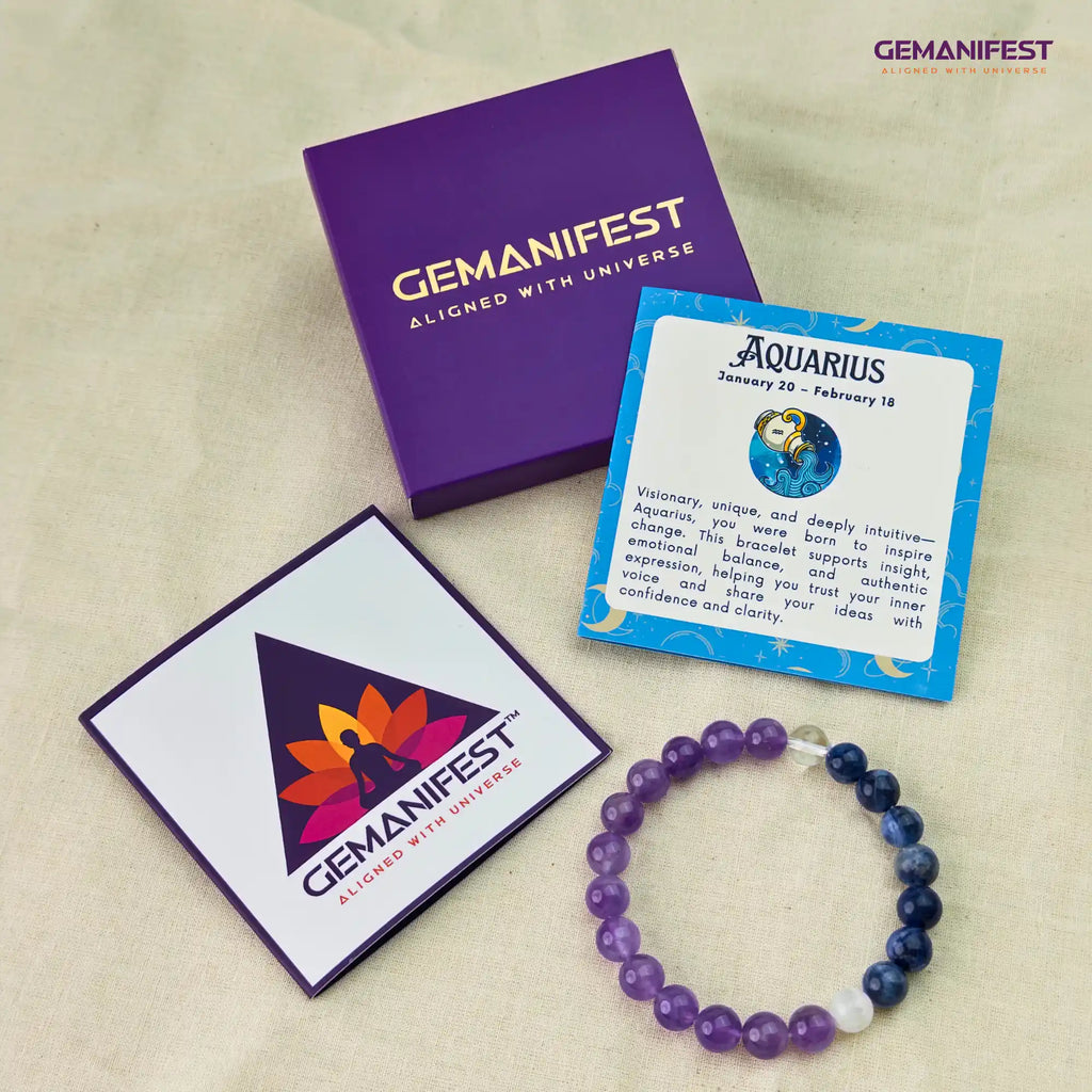 Gemanifest Aquarius bracelet, cards, and packaging on a beige background