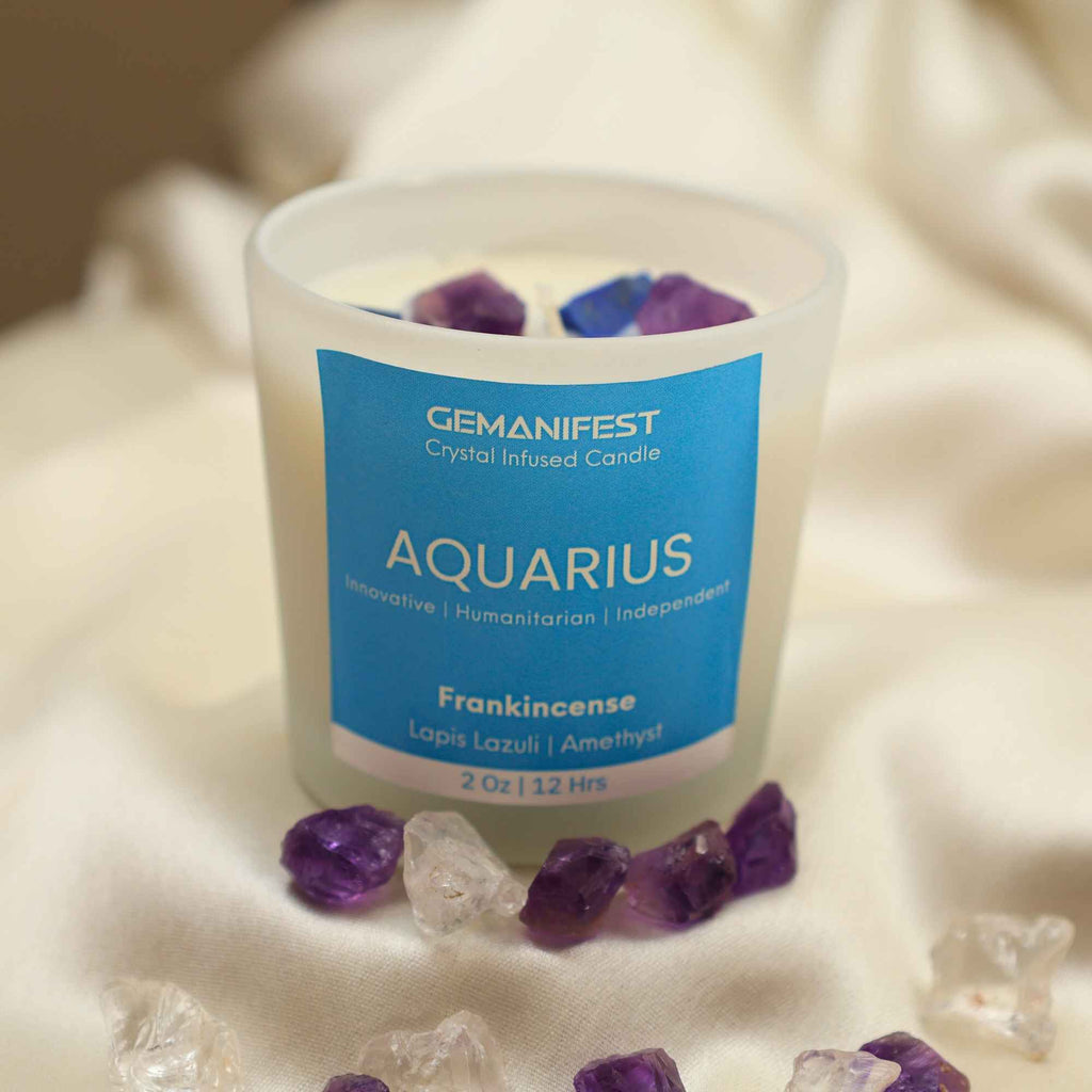 Aquarius Zodiac Manifestation Candle with Lapis Lazuli and Amethyst crystals and Frankincense essential oil for intuition and innovation.