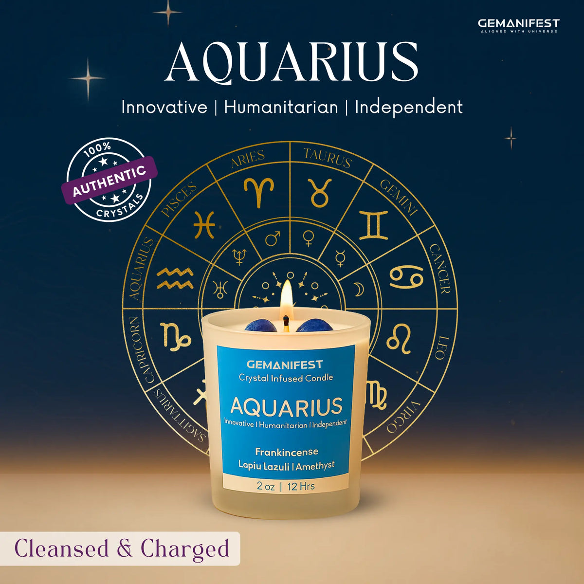 GEMANIFEST Aquarius candle with zodiac design and branding on a dark blue background