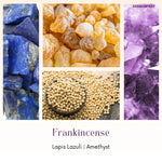 Collage of frankincense, lapis lazuli, and amethyst with 'Gemanifest' branding.