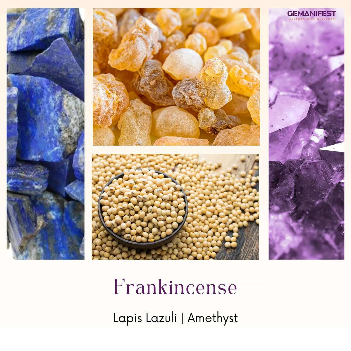 Collage of frankincense, lapis lazuli, and amethyst with 'Gemanifest' branding.