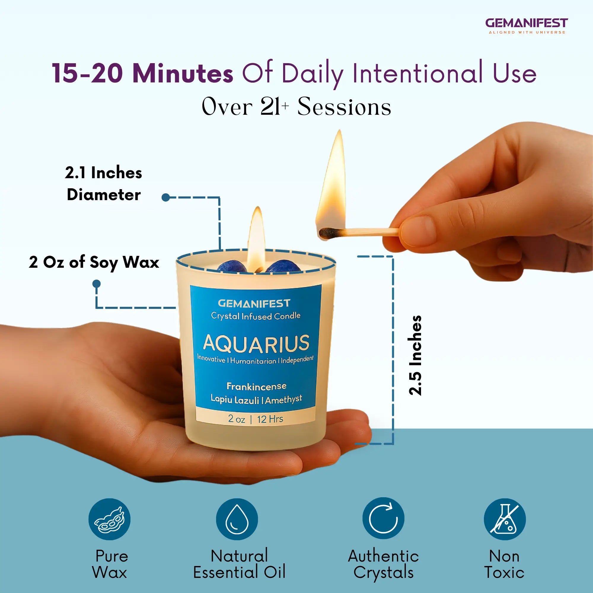GEMANIFEST Aquarius candle with dimensions and features highlighted