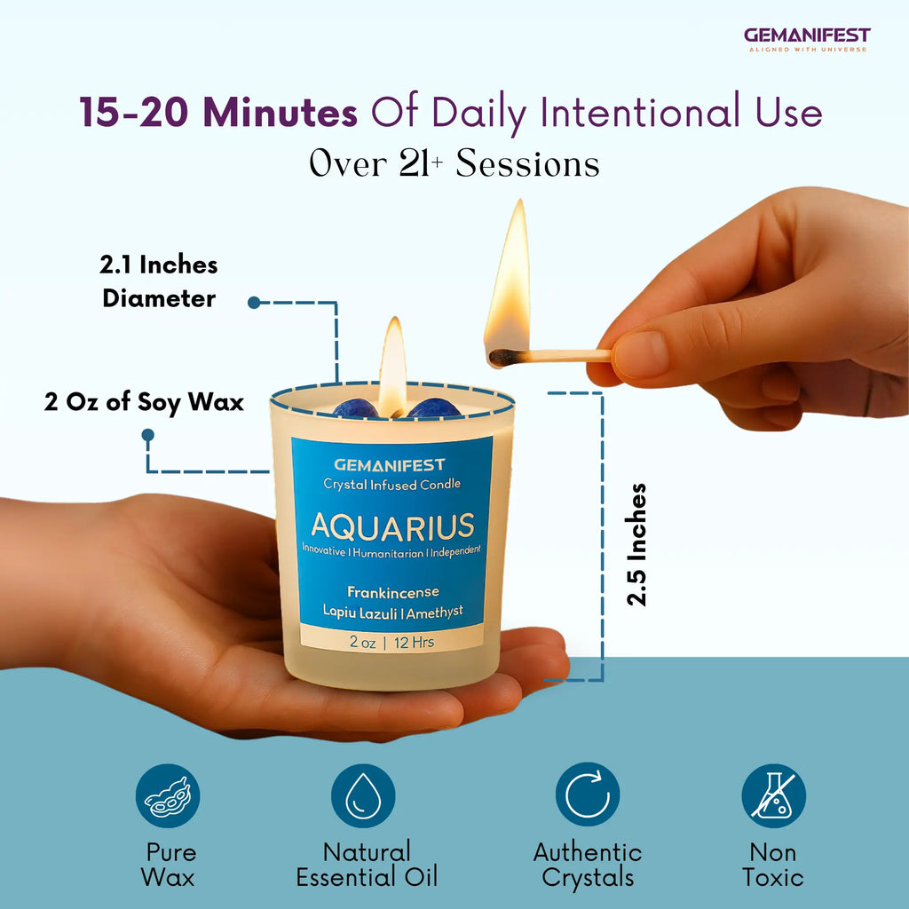 GEMANIFEST Aquarius candle with dimensions and features highlighted