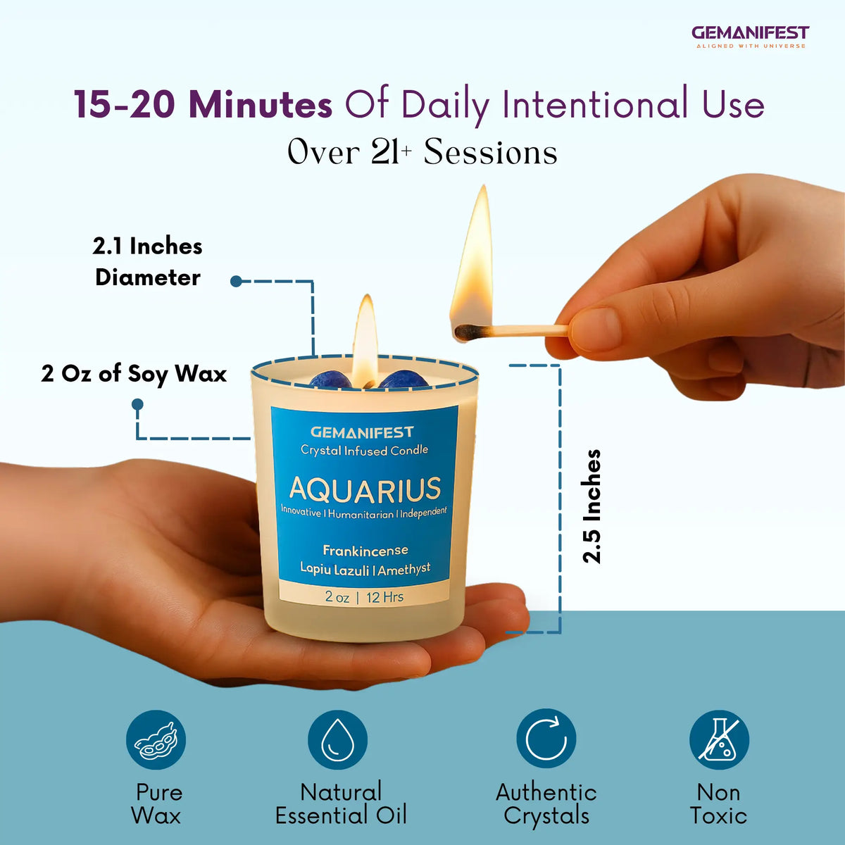 GEMANIFEST Aquarius candle with dimensions and features highlighted