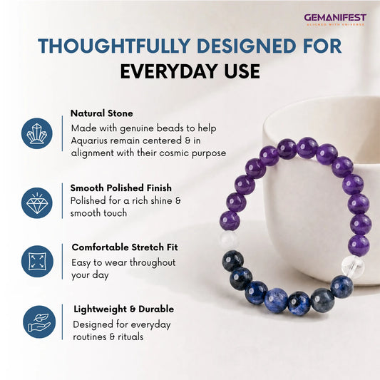 Aquarius bracelet with amethyst and sodalite beads on a beige background