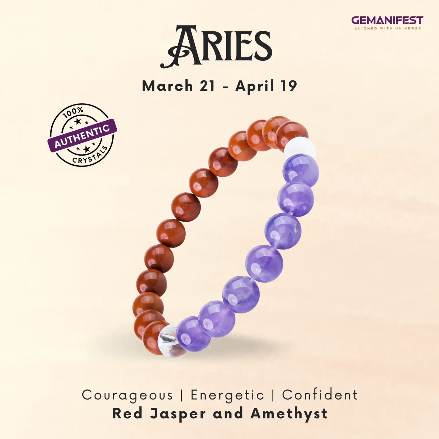 Beaded bracelet with red jasper and amethyst on a beige background, featuring the Aries zodiac sign