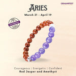 Beaded bracelet with red jasper and amethyst on a beige background, featuring the Aries zodiac sign