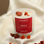 Aries Zodiac Manifestation Candle with Red Jasper and Carnelian crystals and Peppermint Essential Oil for courage and success.