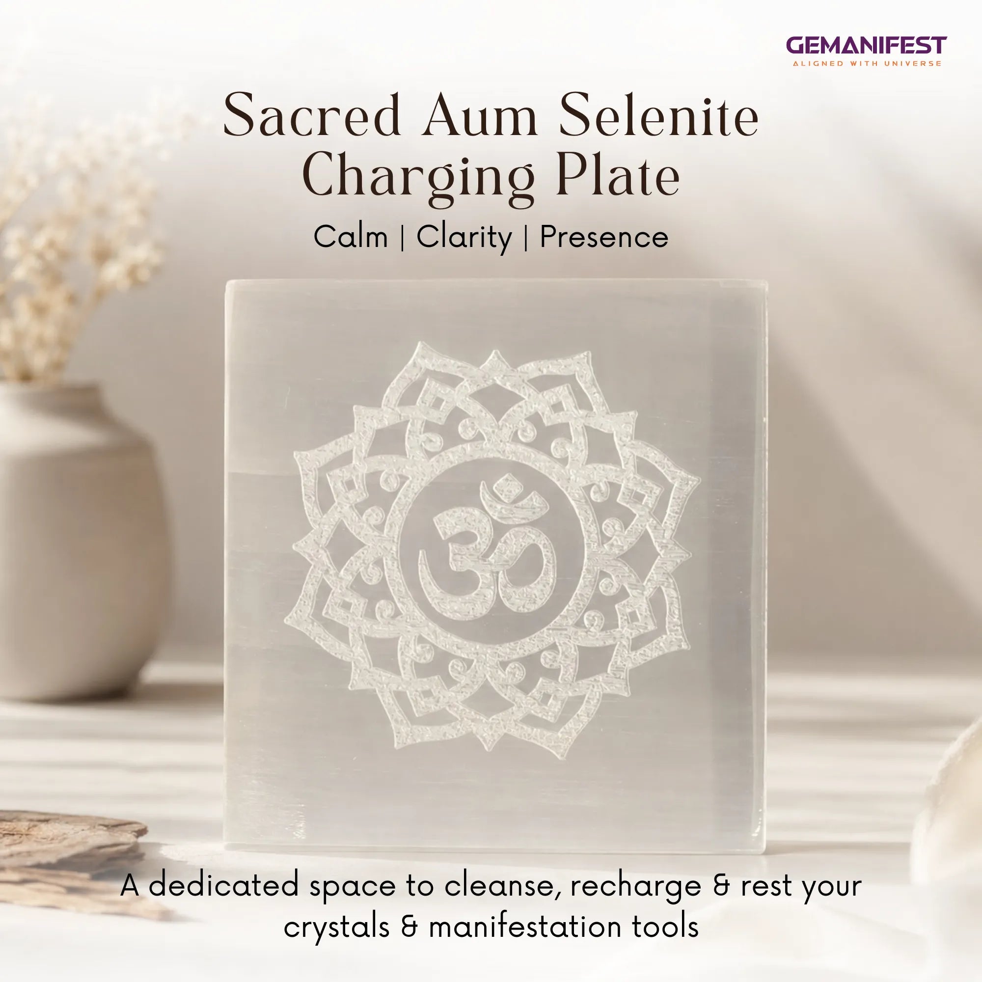 Sacred Aum Selenite Charging Plate for Inner Peace & Manifestation