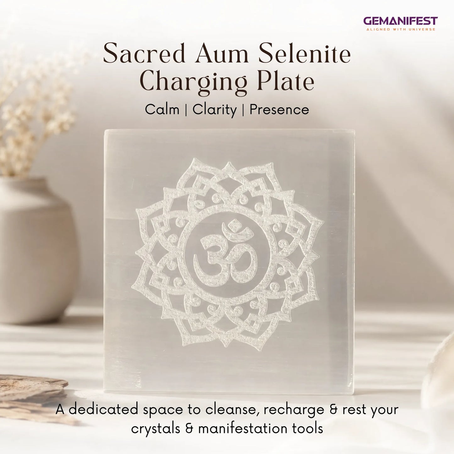 Sacred Aum Selenite Charging Plate for Inner Peace & Manifestation