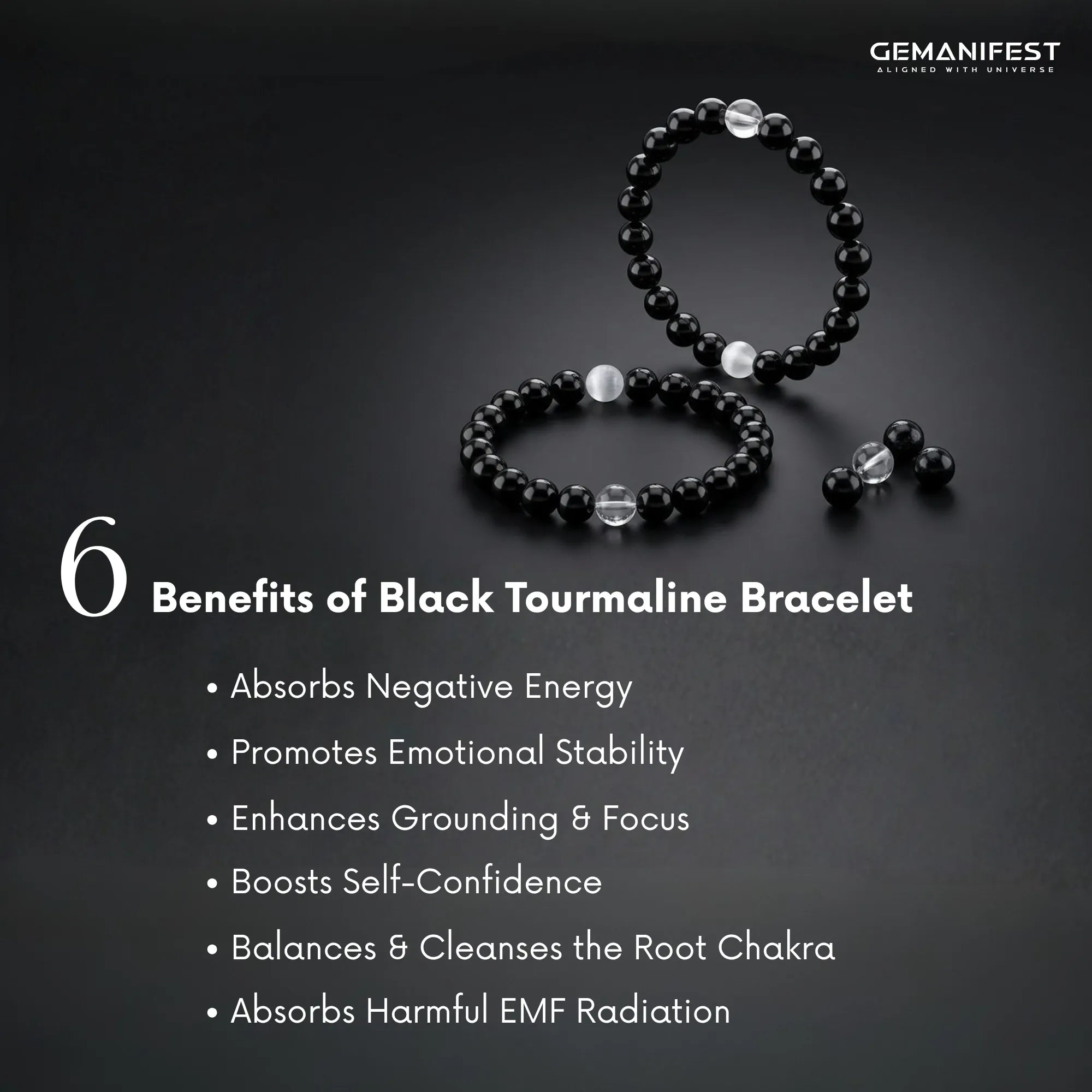 Black tourmaline bracelet with benefits listed on a dark background, featuring the brand 'GEMANIFEST'.