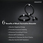 Black tourmaline bracelet with benefits listed on a dark background, featuring the brand 'GEMANIFEST'.