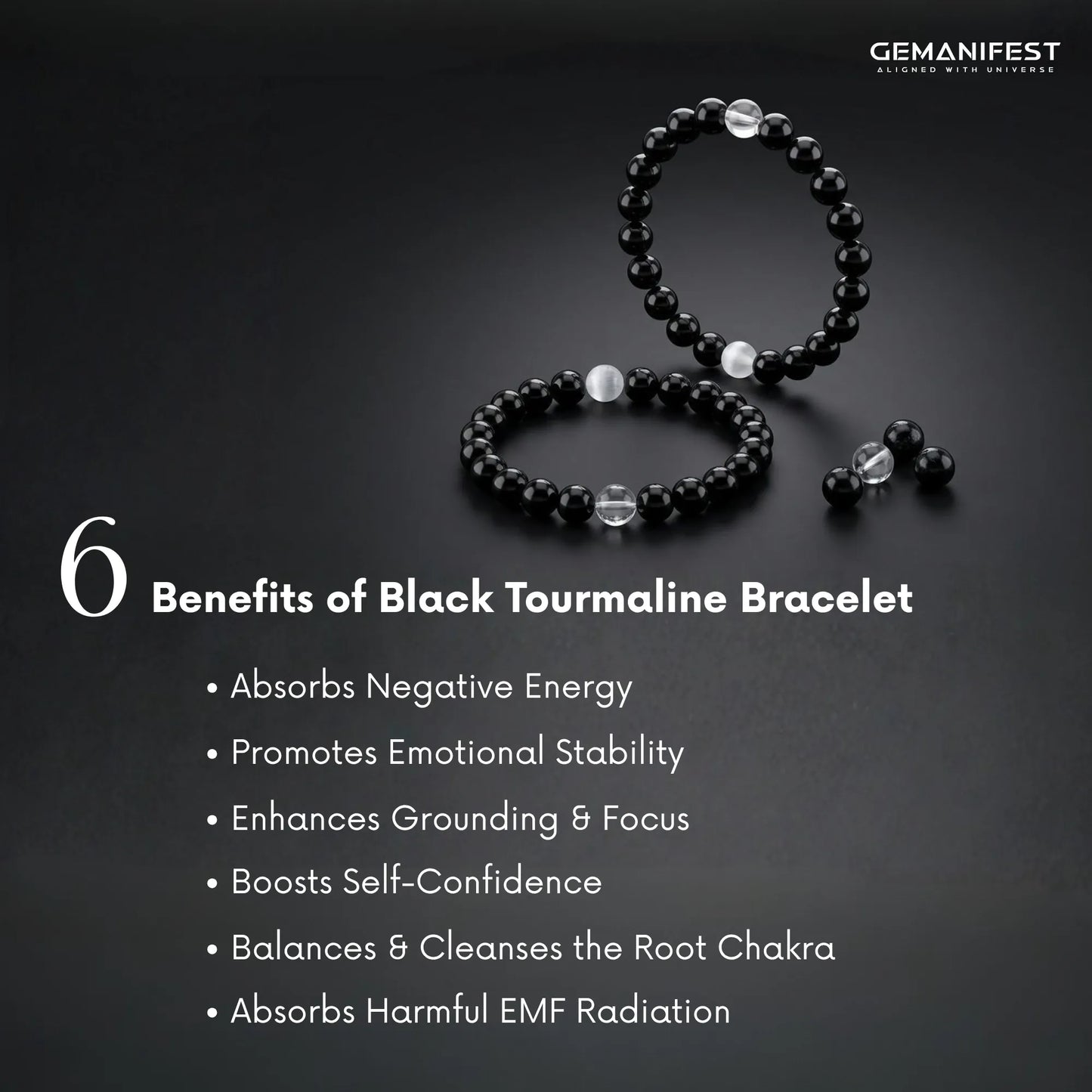 Black tourmaline bracelet with benefits listed on a dark background, featuring the brand 'GEMANIFEST'.