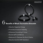 Black tourmaline bracelet with benefits listed on a dark background, featuring the brand 'GEMANIFEST'.