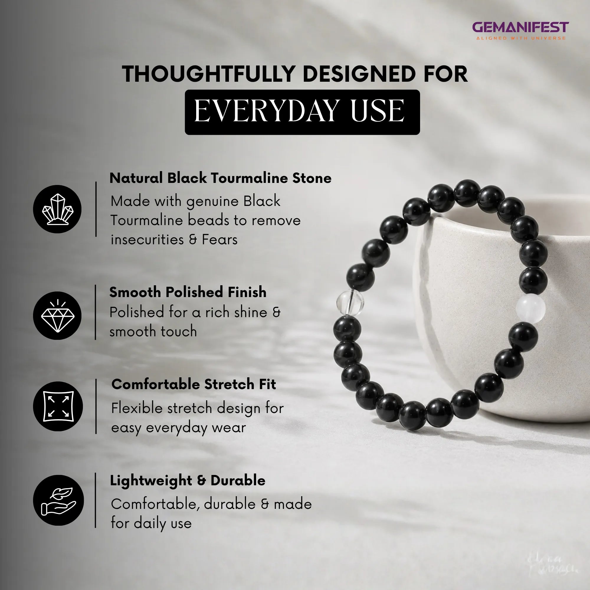 Black tourmaline bracelet with product features on a light background