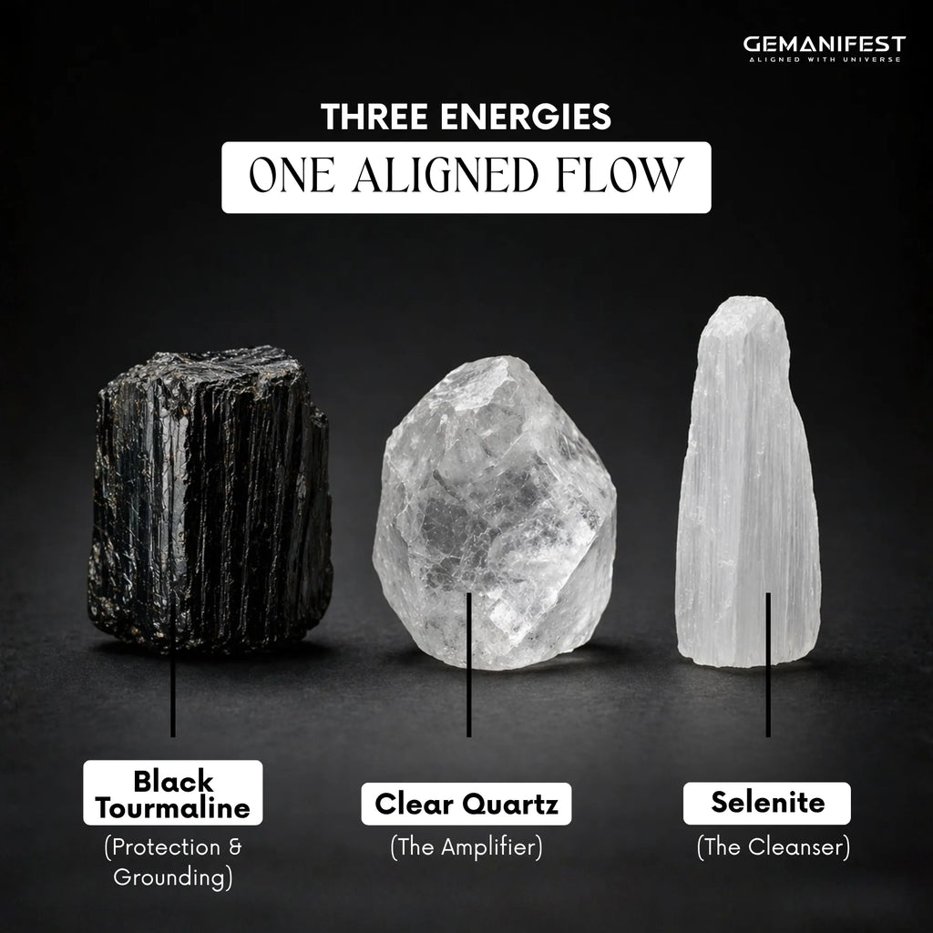Three crystals labeled Black Tourmaline, Clear Quartz, and Selenite on a dark background with Gemanifest branding.