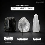 Three crystals labeled Black Tourmaline, Clear Quartz, and Selenite on a dark background with Gemanifest branding.