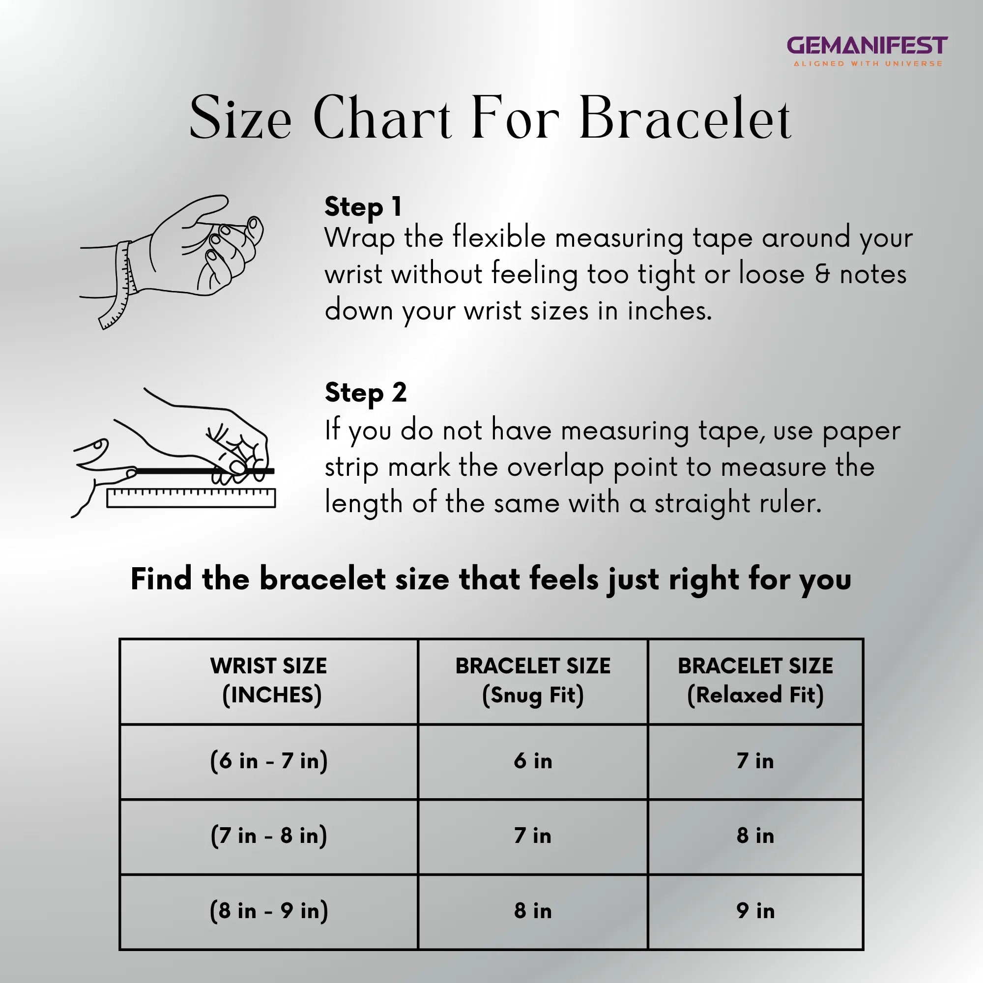 Size chart for bracelet with measurement instructions and GEMANIFEST branding.