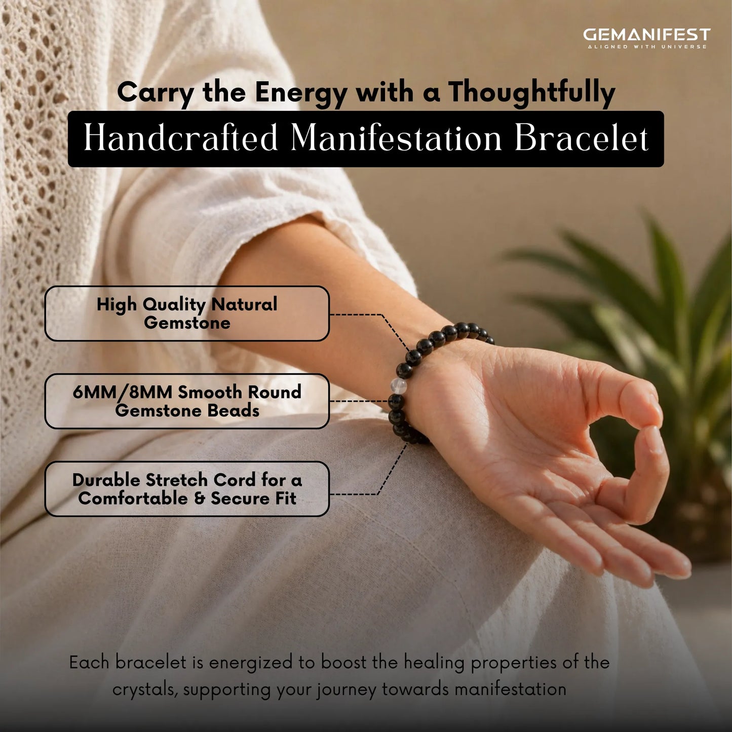 Person wearing a gemstone bracelet with product features highlighted, branded 'GEMANIFEST'.
