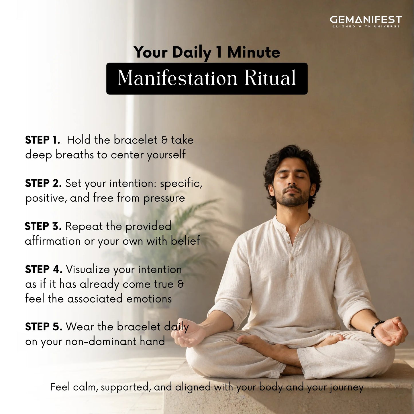 Man meditating with text on a daily manifestation ritual and GEMANIFEST branding.