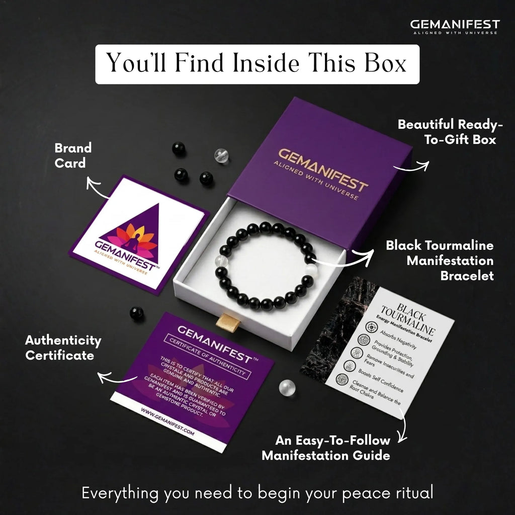 GEMANIFEST product set including bracelet, box, brand card, authenticity certificate, and guide on a black background.
