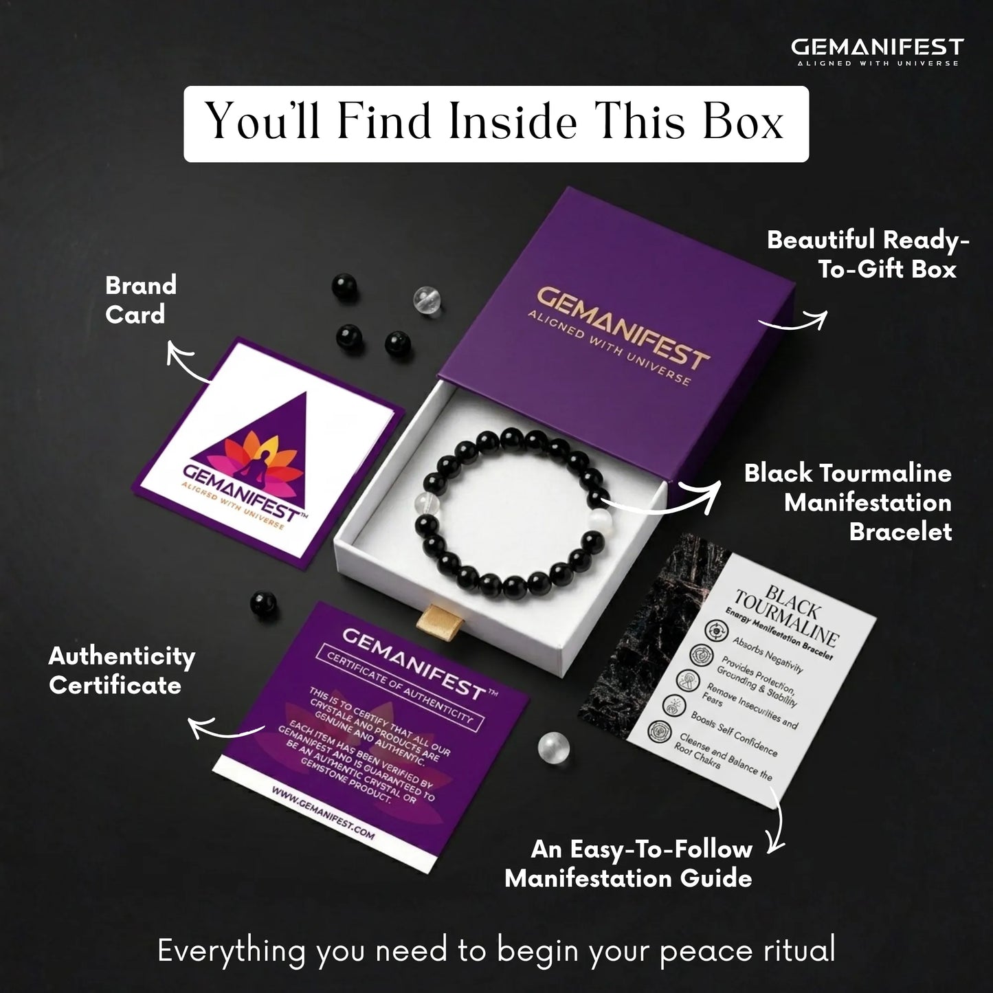 GEMANIFEST product set including bracelet, box, brand card, authenticity certificate, and guide on a black background.