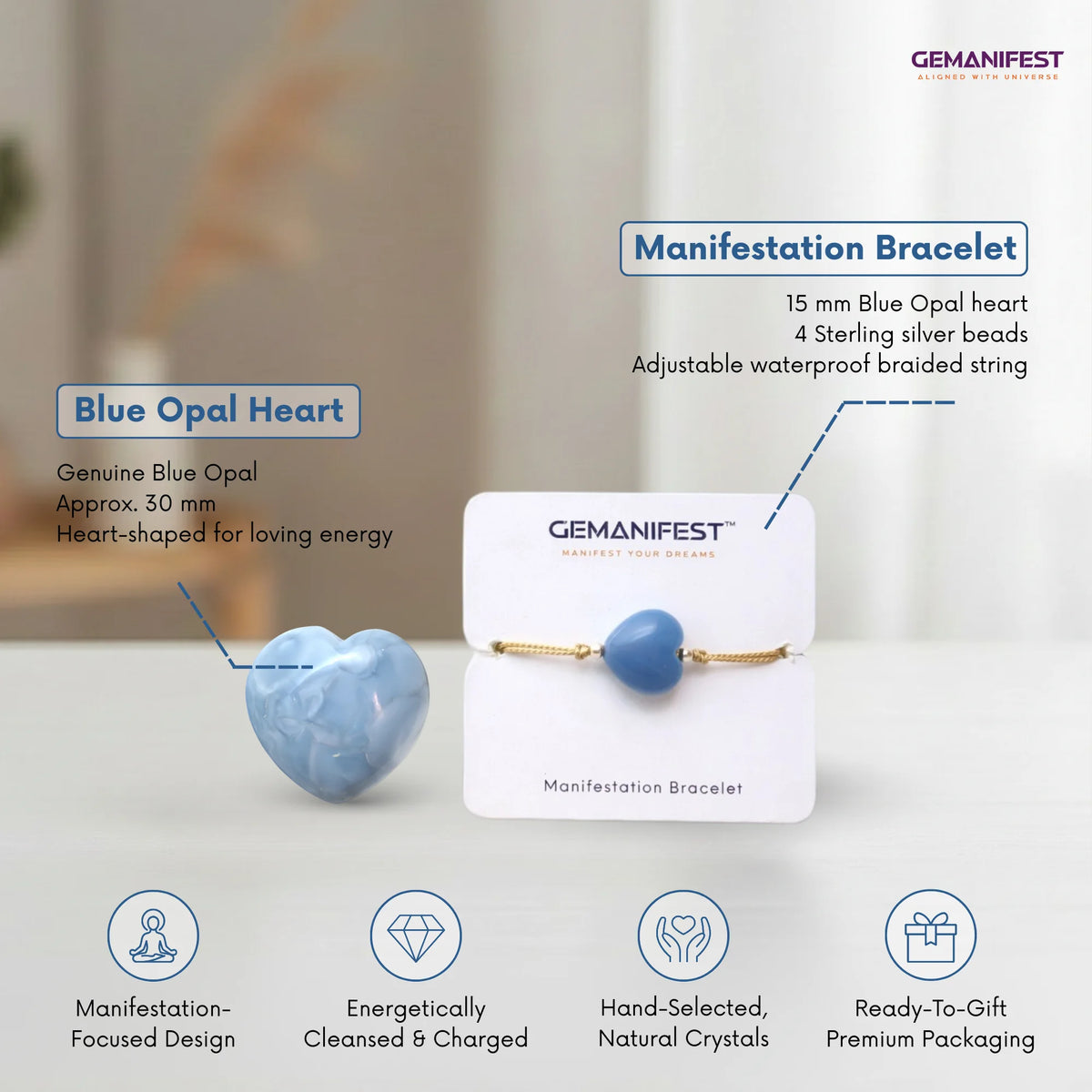 GEMANIFEST Blue Opal Heart Manifestation Bracelet with product details on a white background
