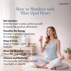 Woman meditating with a blue opal heart crystal, surrounded by text on how to manifest with it.