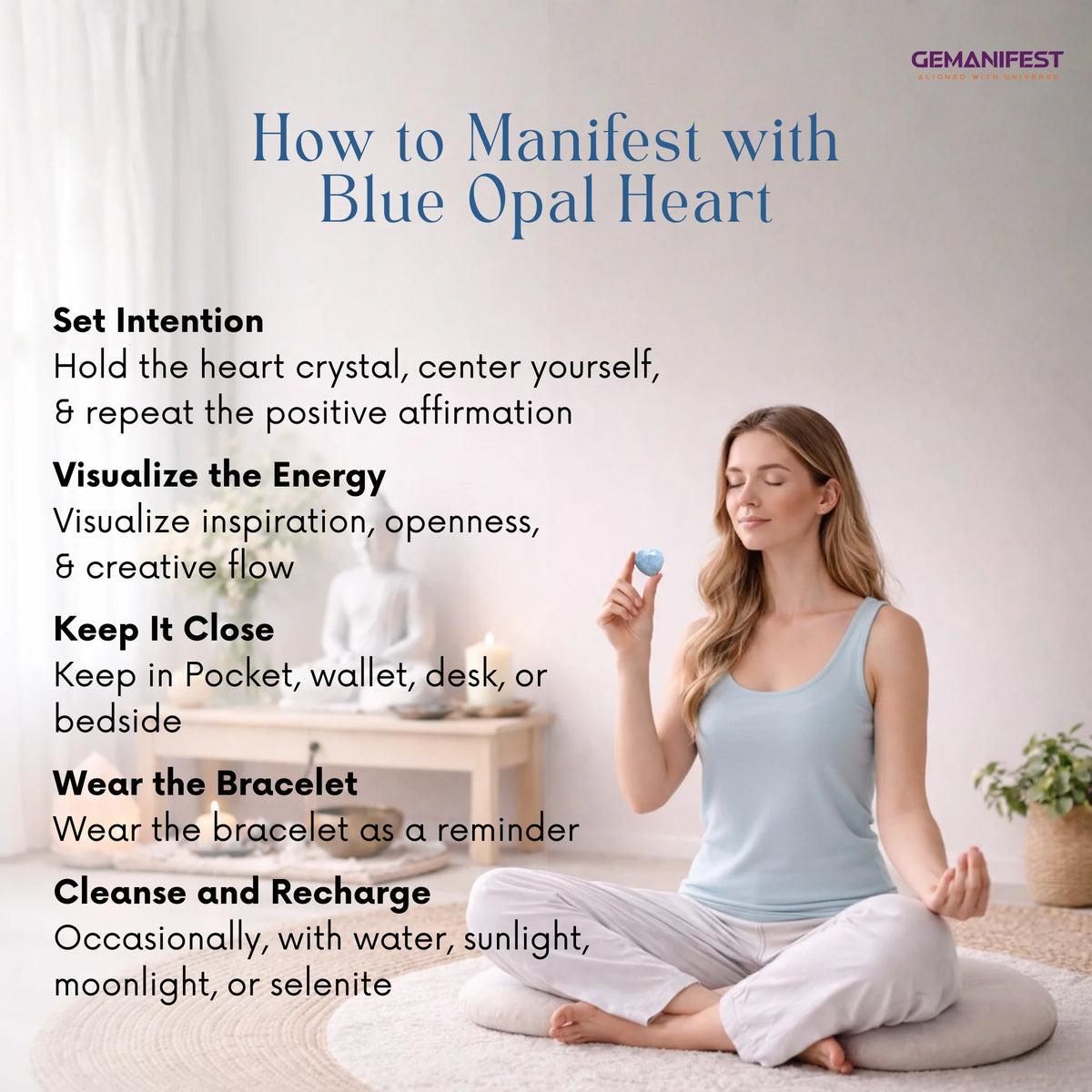 Woman meditating with a blue opal heart crystal, surrounded by text on how to manifest with it.