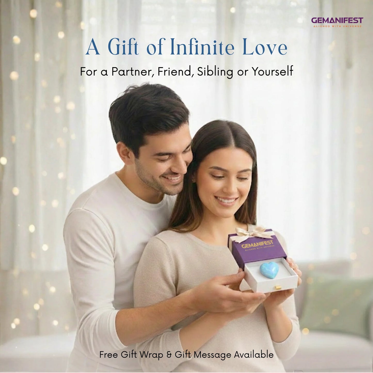 Couple holding a GEMANIFEST product with text about love and free gift wrap.