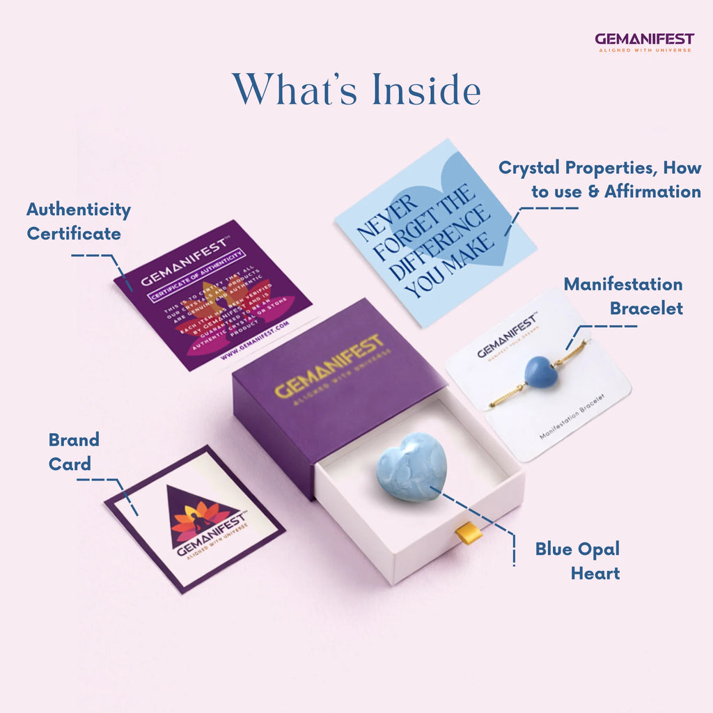 GEMANIFEST product set with blue opal heart, bracelet, and cards on a white background