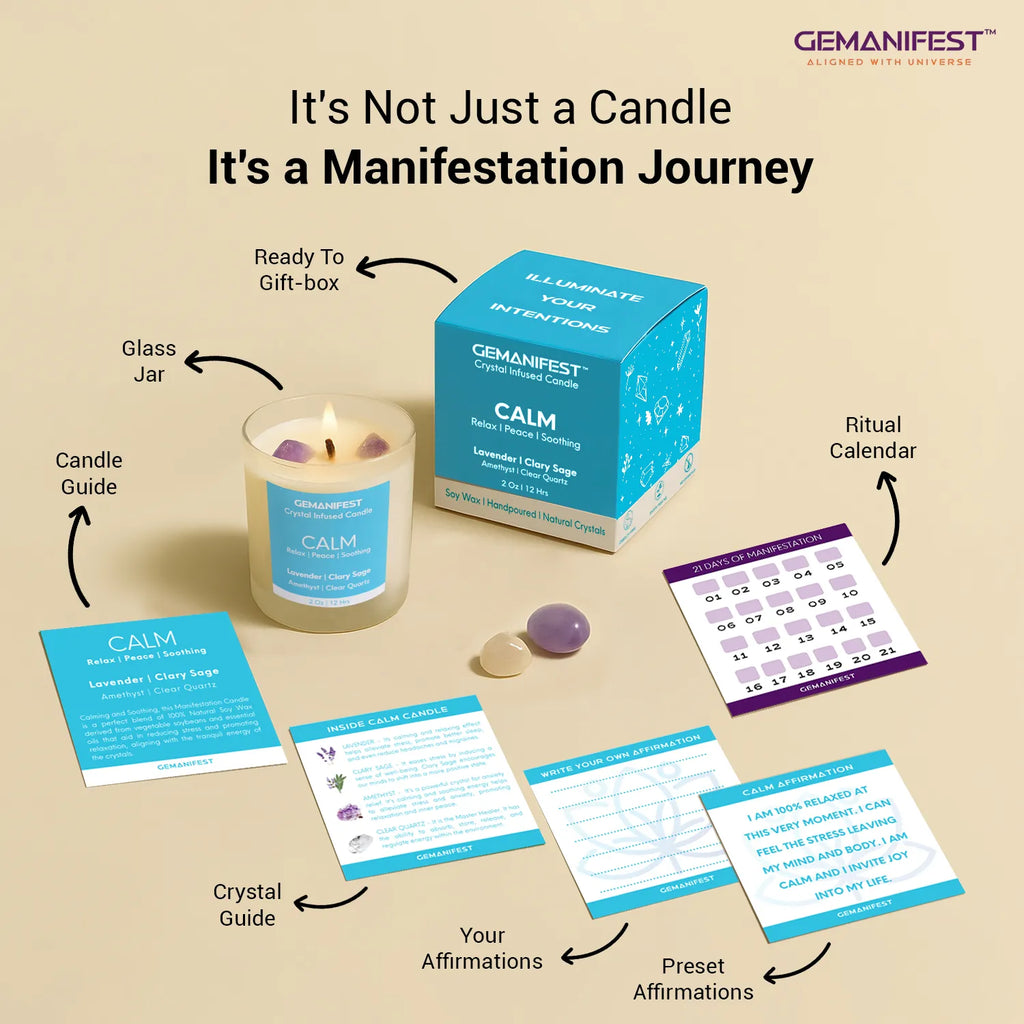GEMANIFEST Calm Candle manifestation journey kit with candle jar, gift box, ritual calendar, crystal guide, affirmation cards, and preset affirmations.