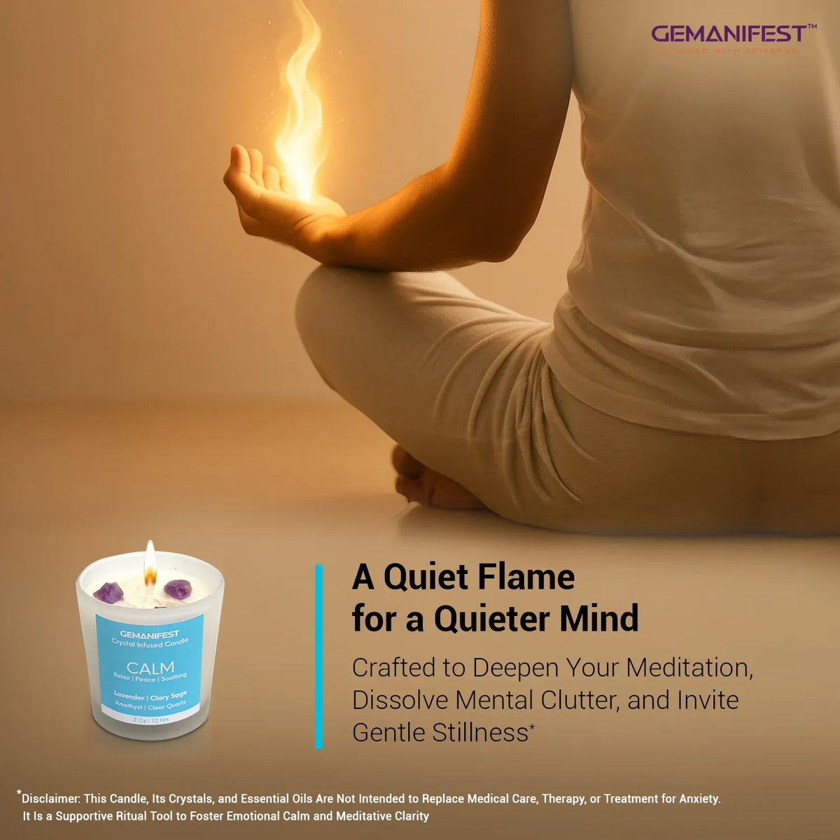 Meditative lifestyle image with Calm Candle and glowing flame in hand – crafted to dissolve stress, invite stillness, and deepen clarity.