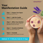 Calm Intention Candle ritual guide with 5 steps – prepare space, light the candle, affirm intention, visualize and meditate, and conclude with gratitude for 21 days.