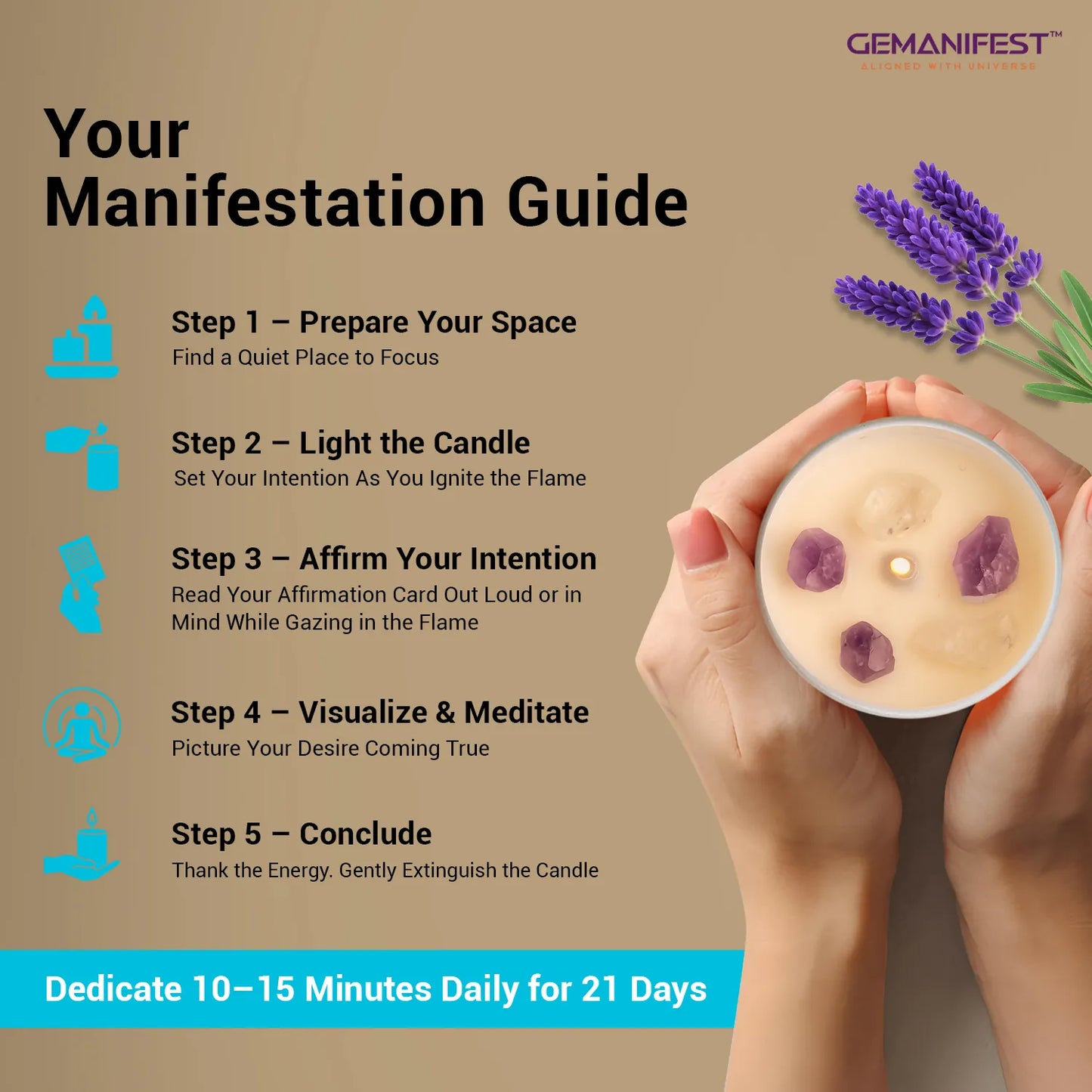 Calm Intention Candle ritual guide with 5 steps – prepare space, light the candle, affirm intention, visualize and meditate, and conclude with gratitude for 21 days.