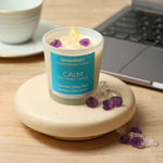 Calm Manifestation Candle with lifestyle shoot for Relaxation and Stress Relief.