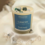 Cancer Zodiac Manifestation Candle with Moonstone and Emerald crystals and Moonlit Jasmine essential oil for intuition and emotional healing.