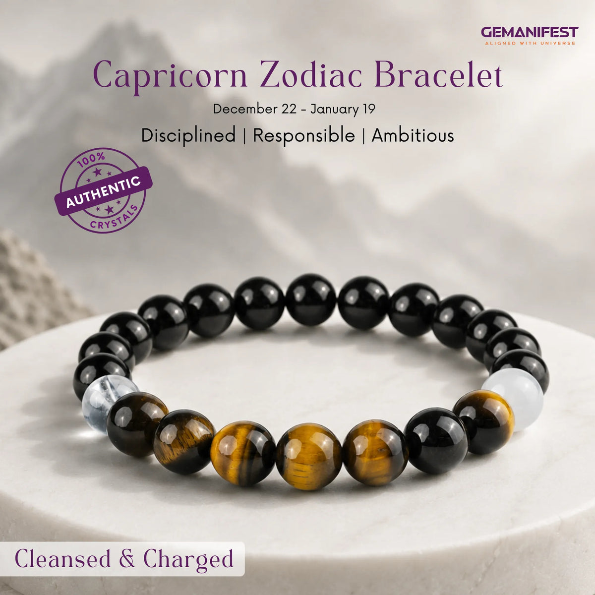 Capricorn bracelet with beads of Black tourmaline and tiger's eye on a beige background