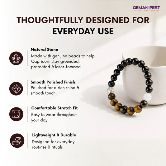 Capricorn bracelet with beads of Black tourmaline and tiger's eye on a beige background