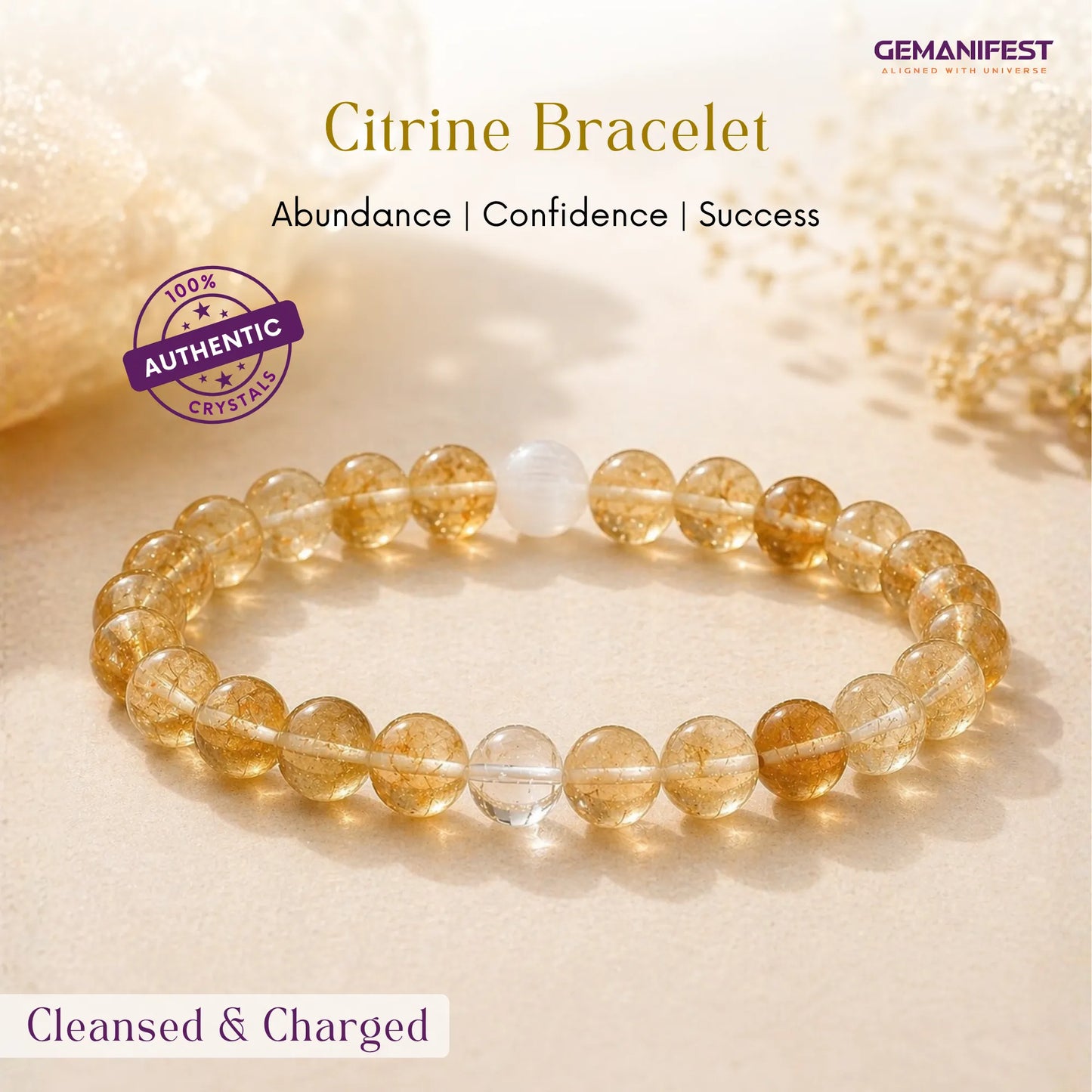 Citrine bracelet with beads on a soft background, featuring GEMANIFEST branding.